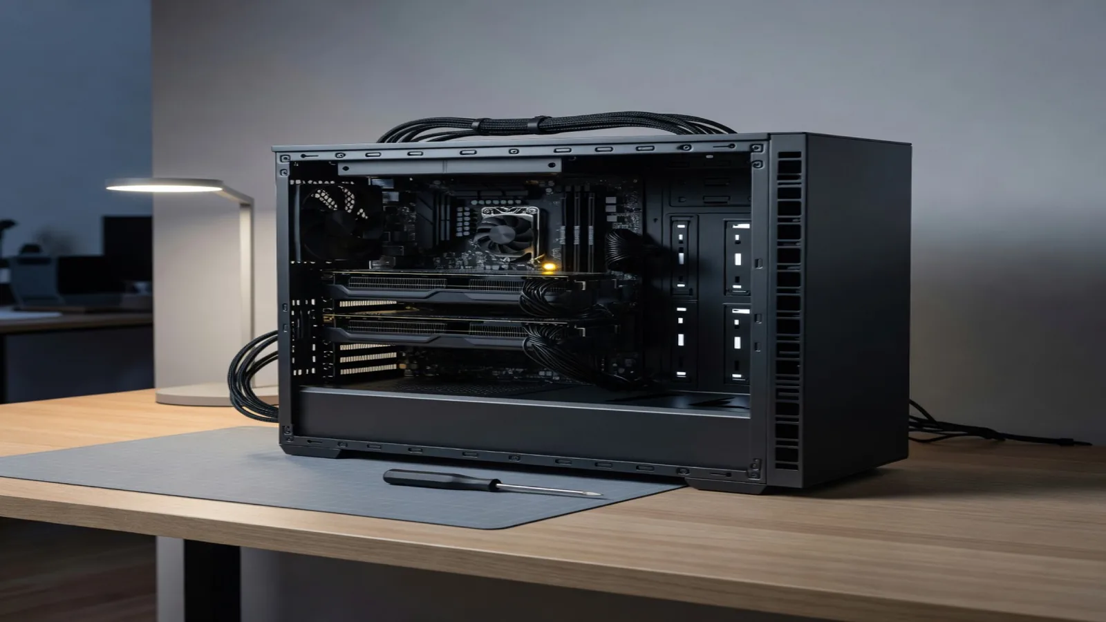 A dual-GPU workstation mid-build on a wooden desk with both cards seated and power cables routed, the class of machine that runs Z.ai's 320B GLM-5.3-Flash from quantized GGUF files in llama.cpp. Illustration: DeAI