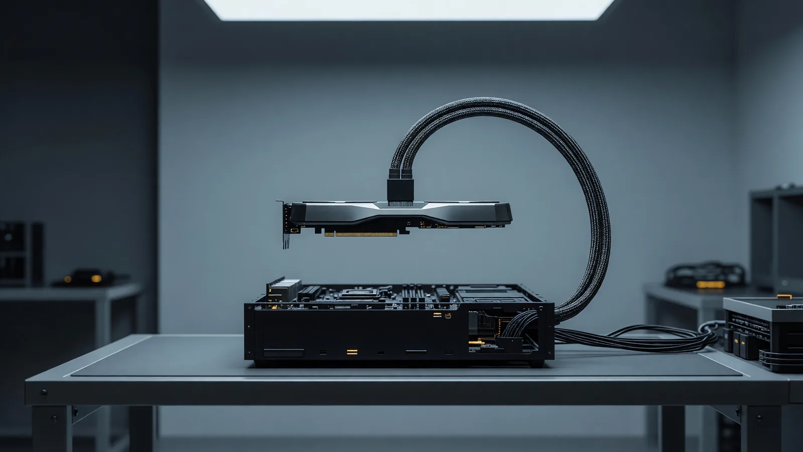 A single graphics card held above an open workstation chassis, the single-GPU build that fits Alibaba's 27B dense Qwen3.8 model. Illustration: DeAI