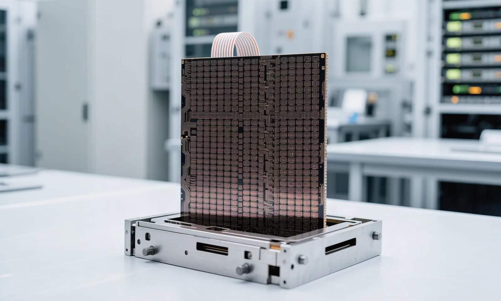 A single wafer-scale compute card — a full silicon wafer densely packed with processor cores — seated upright in an open lab fixture under cool, precise light: the custom dataflow architecture behind SambaNova's RDU-based inference cloud. Illustration: DeAI