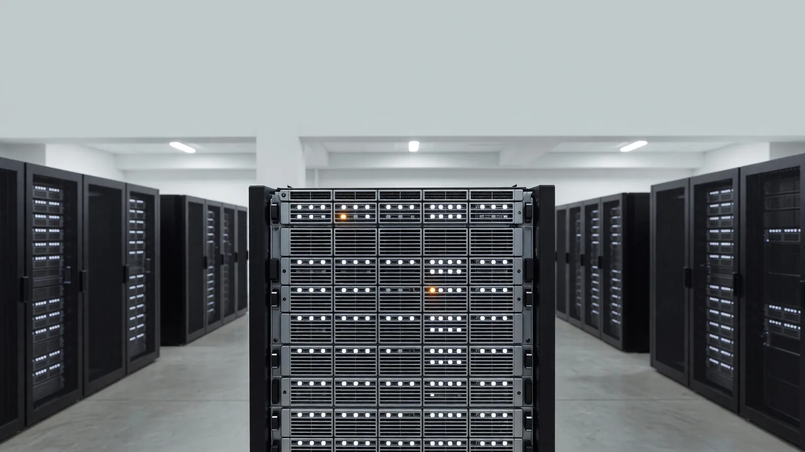 A fully populated GPU compute server chassis with cool white status lights and one amber LED in a datacenter rack, for StepFun shipping the Step 5 Preview API ahead of promised October 15 open weights. Illustration: DeAI