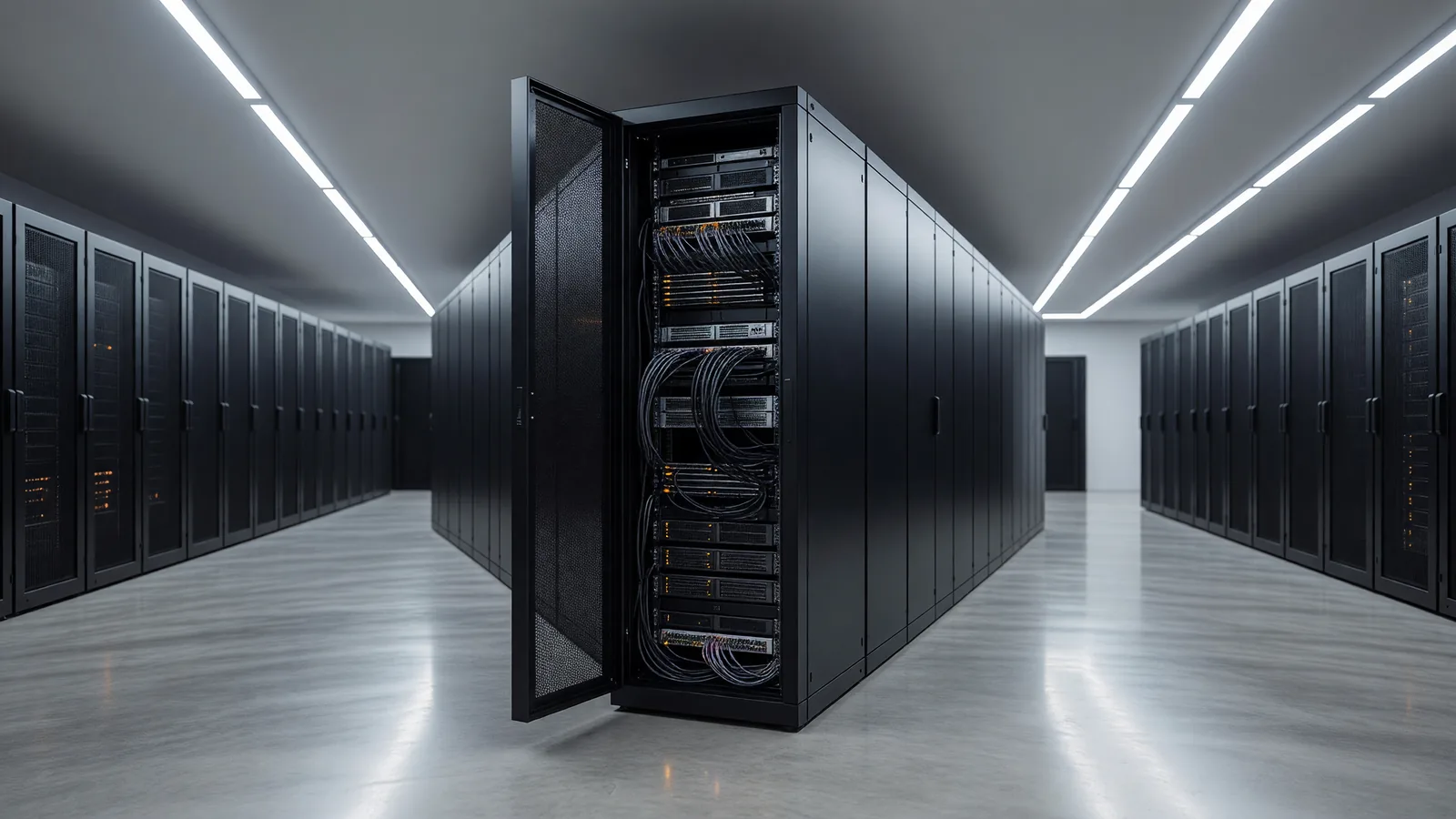 A datacenter corridor with a single rack door ajar, the trust-stack hardware — retention, attestation, residency — behind this week's zero-retention, TEE, and EU enforcement stories. Illustration: DeAI
