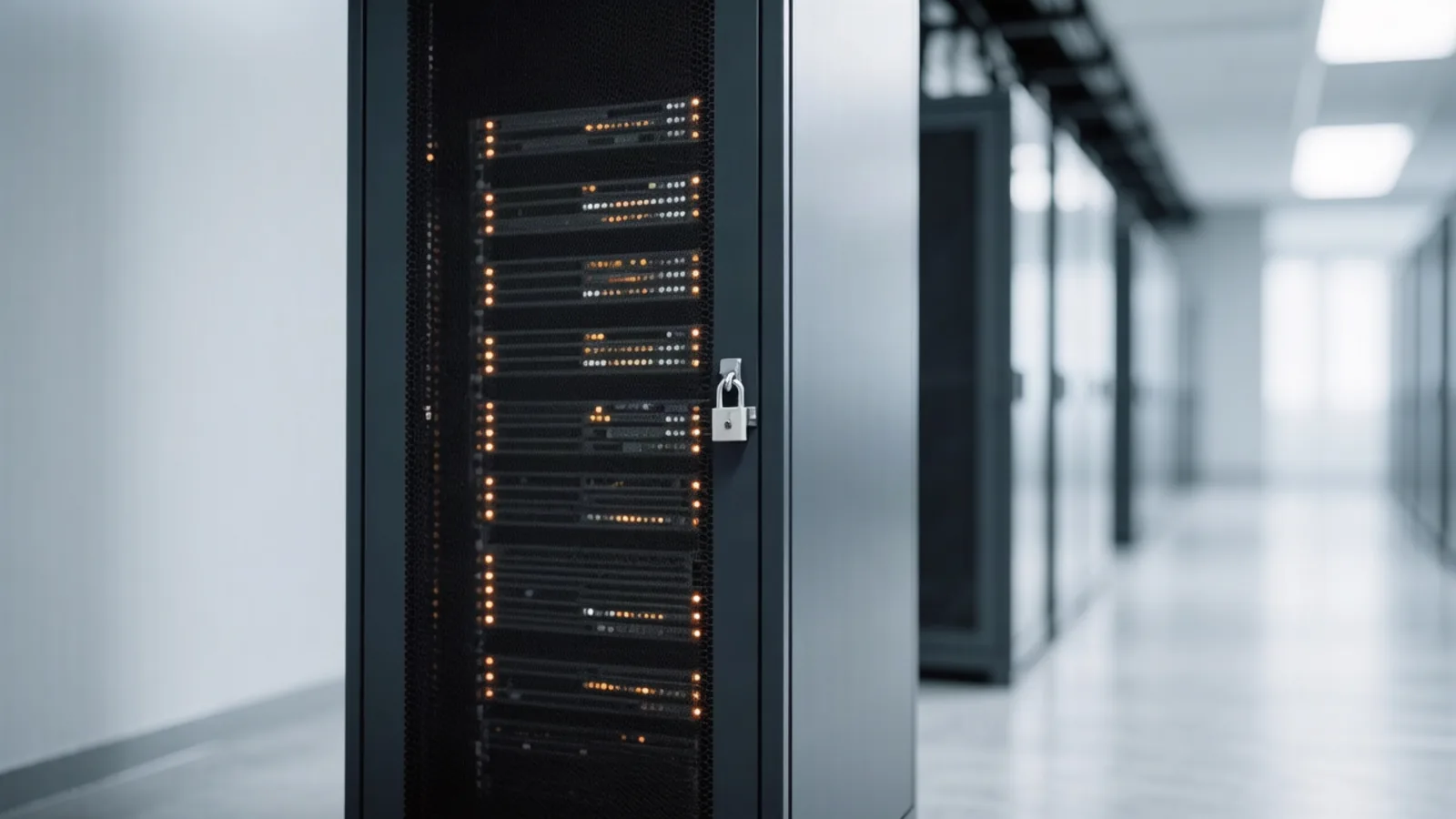 A single dark network cabinet with a padlocked mesh door stands in a quiet government datacenter corridor, rows of amber and white status lights glowing inside — the locked-down perimeter this week's AI agent breach and exposure stories put at the center of builder attention. Illustration: DeAI