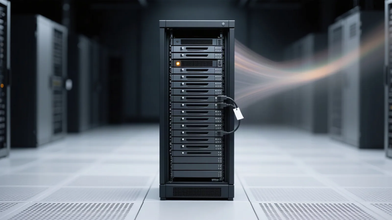A server rack aisle in a colocation hall under cool white light, depicting the week open weights moved into production: AT&T running 40% of AI workloads on open models, Vercel logging a 56% open-weight token majority, and Anthropic red-teaming GLM-5.3. Illustration: DeAI