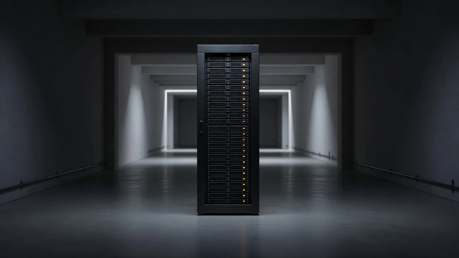 A single tall server rack in a cool, dim European data hall, one amber status light glowing against dark metal panels, depicting the week's lead story: Mistral Large 4, a trillion-parameter model in preview whose open weights are promised by the end of October. Illustration: DeAI