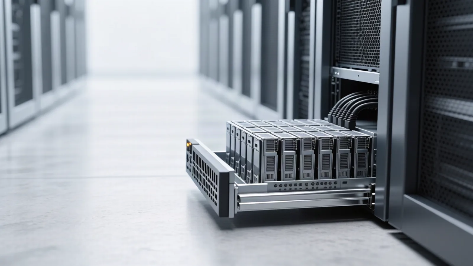 A single dense server node pulled half out of a dark colocation rack on its rails, one amber status light on the front panel, depicting the week's lead story: the open-weight checkpoints that finally became downloadable — and the terabyte-scale serving hardware they require. Illustration: DeAI