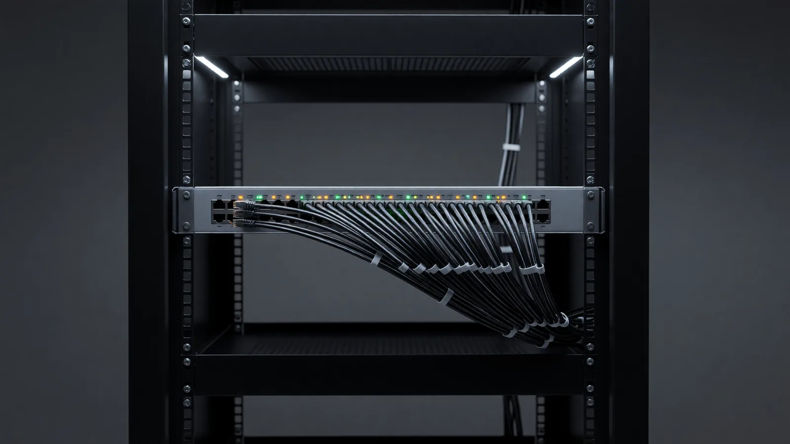 A network switch in an open server rack with a fan of ethernet cables and glowing amber port LEDs, for the gateway traffic data showing open-weight models at a record 78.4% of token volume. Illustration: DeAI