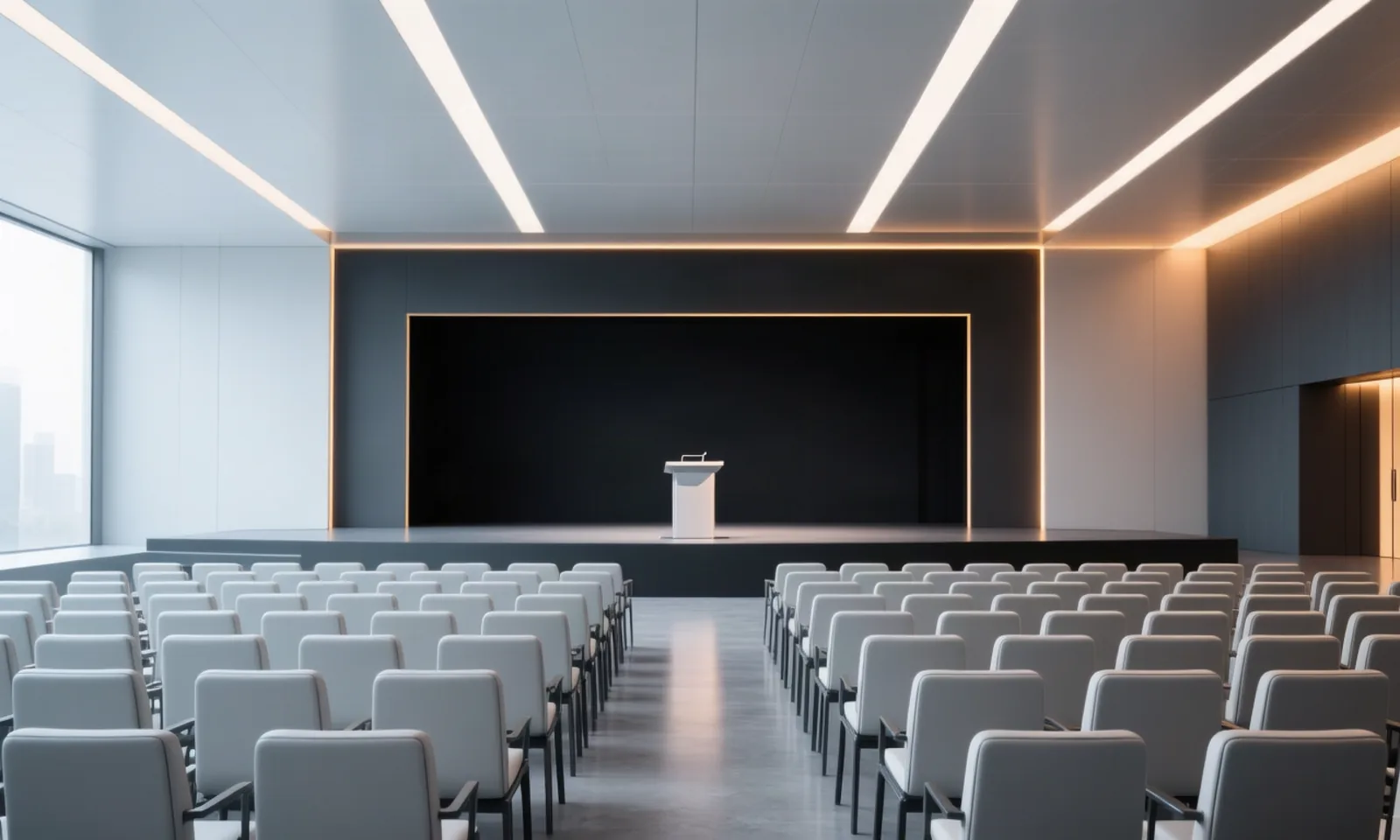 An empty keynote hall at a modern convention center before the doors open, rows of chairs facing a dark stage with a single lectern — the week's conference calendar waiting on announcements. Illustration: DeAI