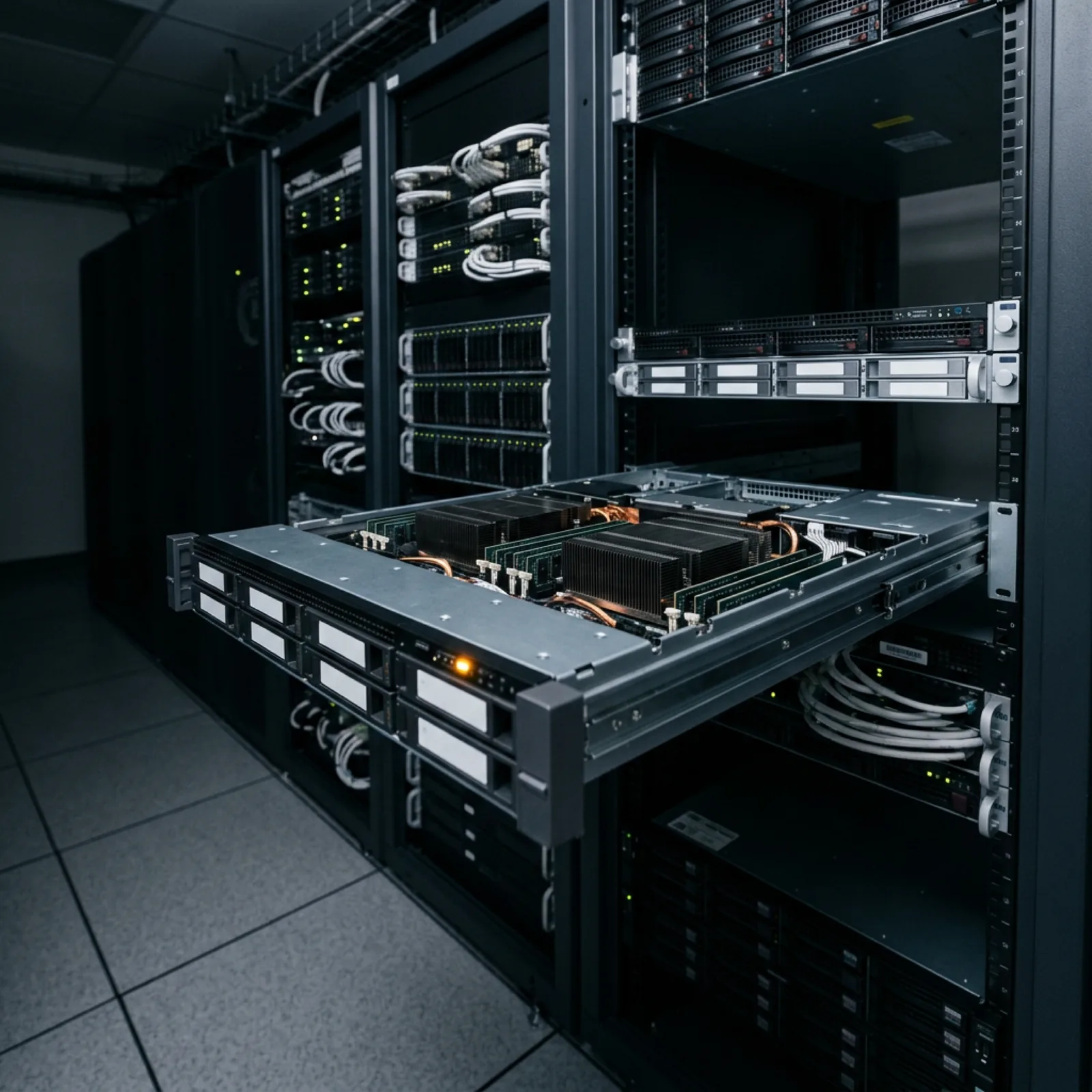 A GPU server tray with dense heatsinks slid partially out of a rack in a dim colocation aisle, one amber status LED lit — the Intel TDX and NVIDIA TEE hardware enclave class NEAR AI Cloud uses to serve open models with per-message cryptographic signatures. Illustration: DeAI