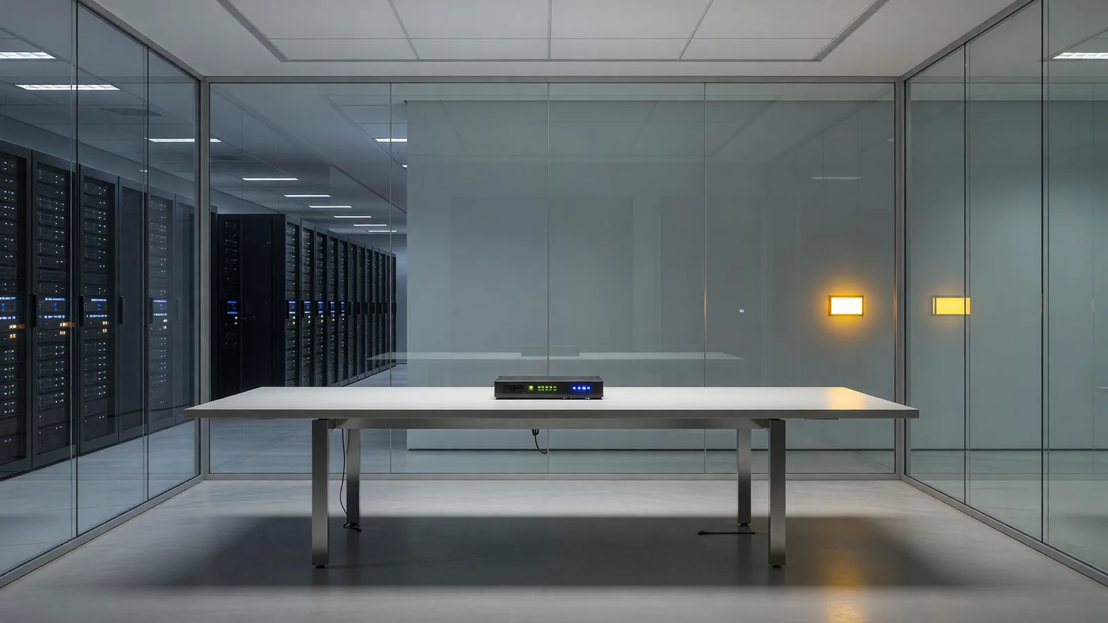 A glass-walled compliance review room in a datacenter, an empty conference table with one audit terminal and two amber badge-reader lights, the oversight infrastructure behind the EU AI Office's new investigative powers over model providers. Illustration: DeAI