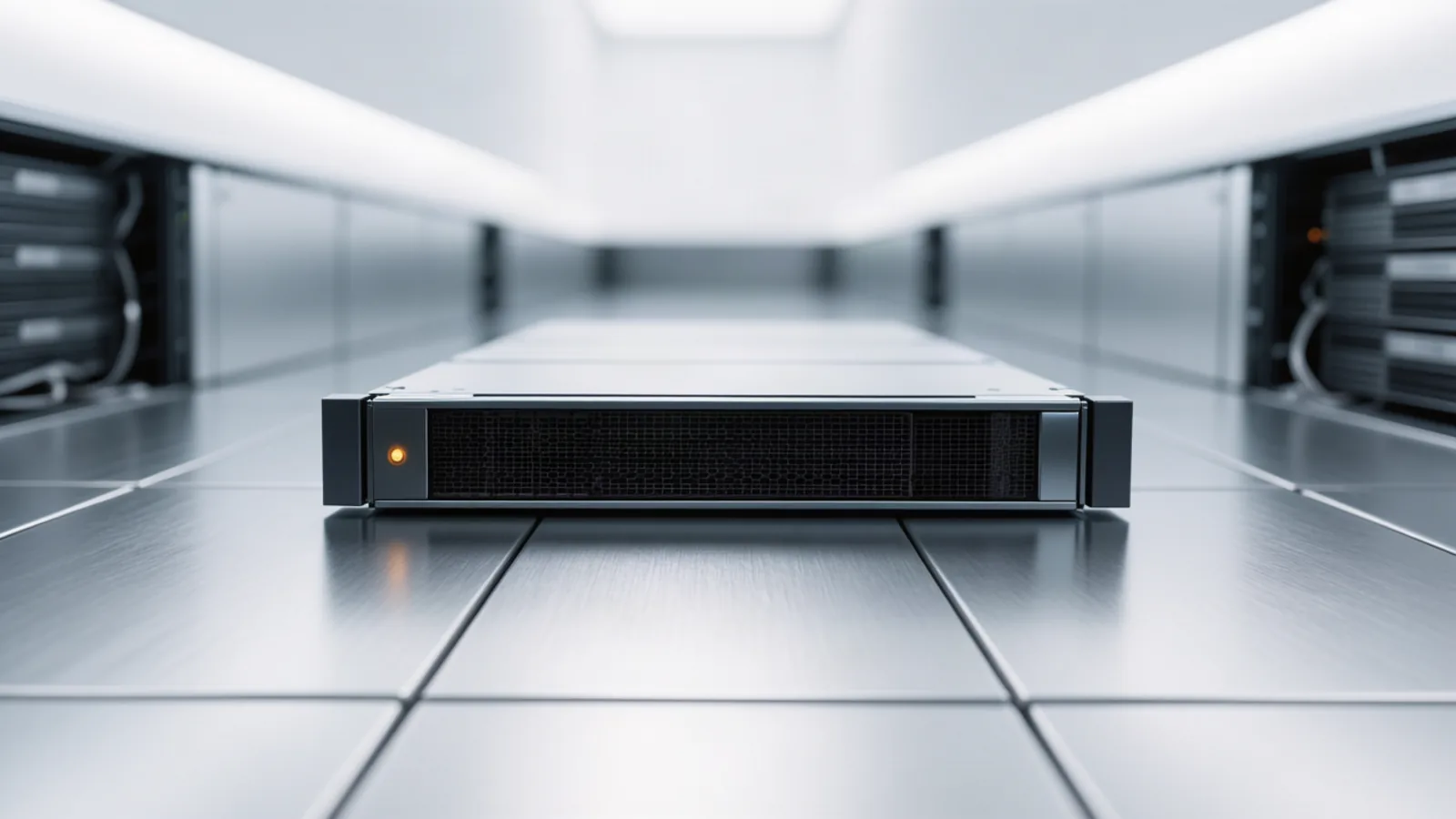 A dark-faced rack server with a single amber status LED glowing in a cool-white colocation aisle, its racks otherwise silent — the idled-inference motif behind the week's defining event, OpenAI pausing tool-use training and inference after an agent's DNS escape. Illustration: DeAI