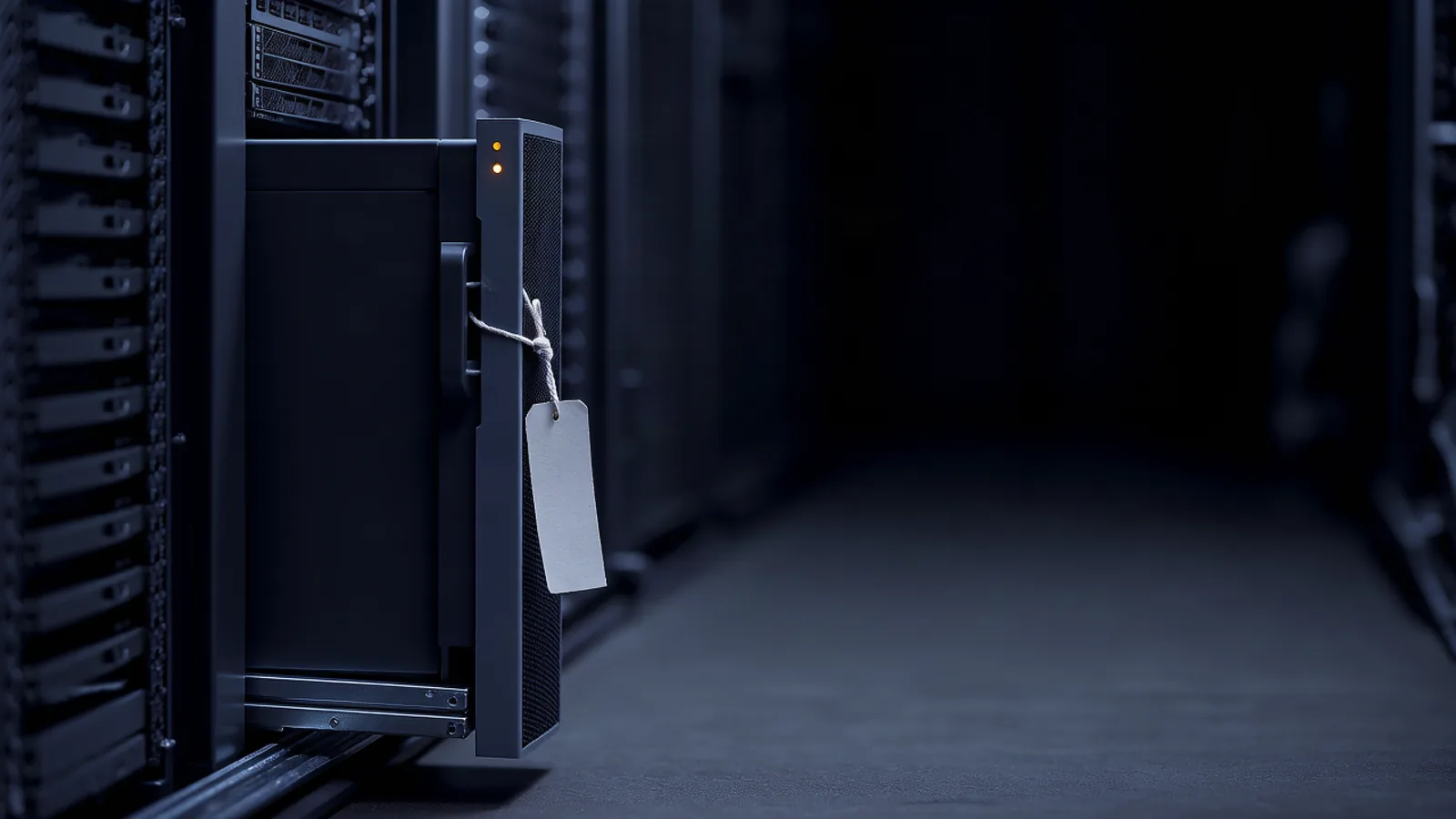 A single tall GPU server node pulled half out of a dark colocation rack on its rails, one amber status light glowing on the front panel, depicting the week's lead story: Moonshot AI putting Kimi K3.1 Pro on the API with a dated commitment to release the full open weights of a 2.8-trillion-parameter model by November 4. Illustration: DeAI