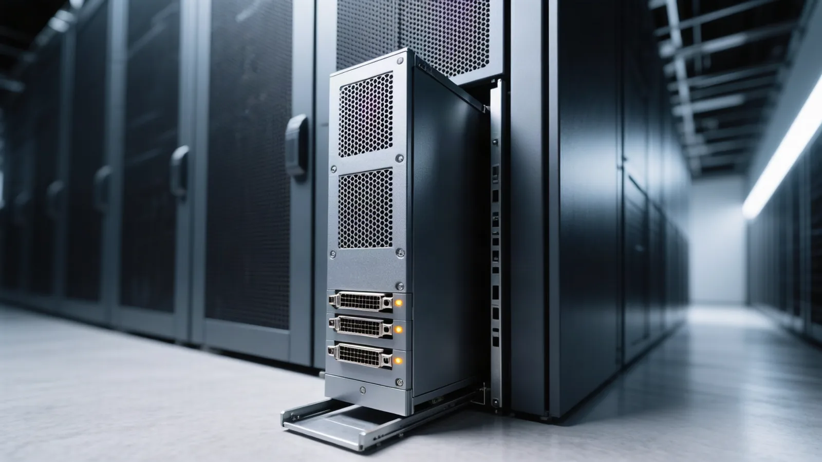 A single tall GPU server node pulled halfway out of a dark colocation rack, its eight cooling fans and one amber status light catching the corridor light, depicting the week's lead story: Mistral releasing trillion-parameter open weights that self-hosters need a multi-GPU node to serve. Illustration: DeAI