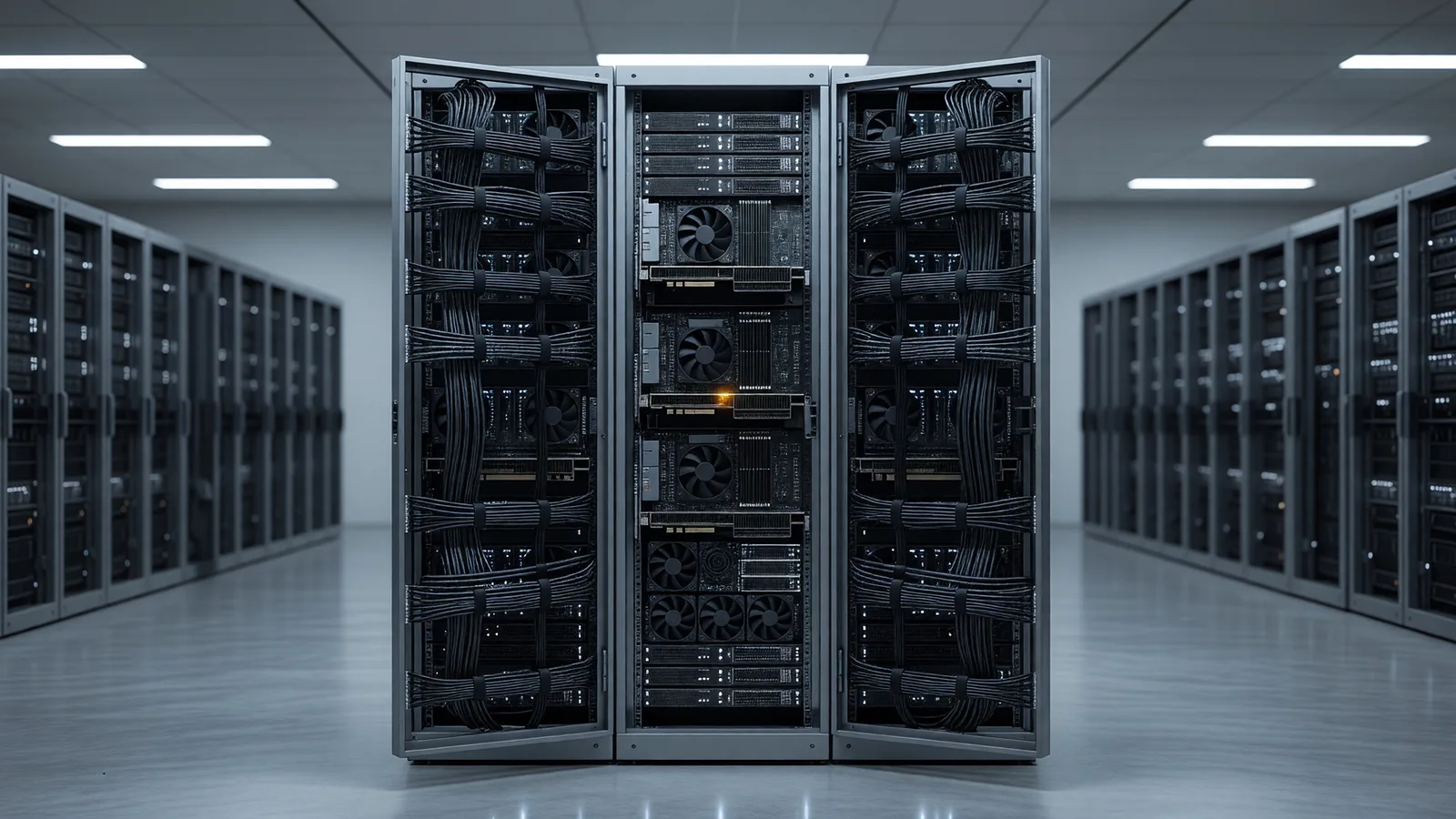 A tall datacenter GPU rack in a colocation hall with one amber status light among cool white indicators, for Xiaomi open-sourcing the MiMo-V2.6 series under MIT alongside its RL training code. Illustration: DeAI