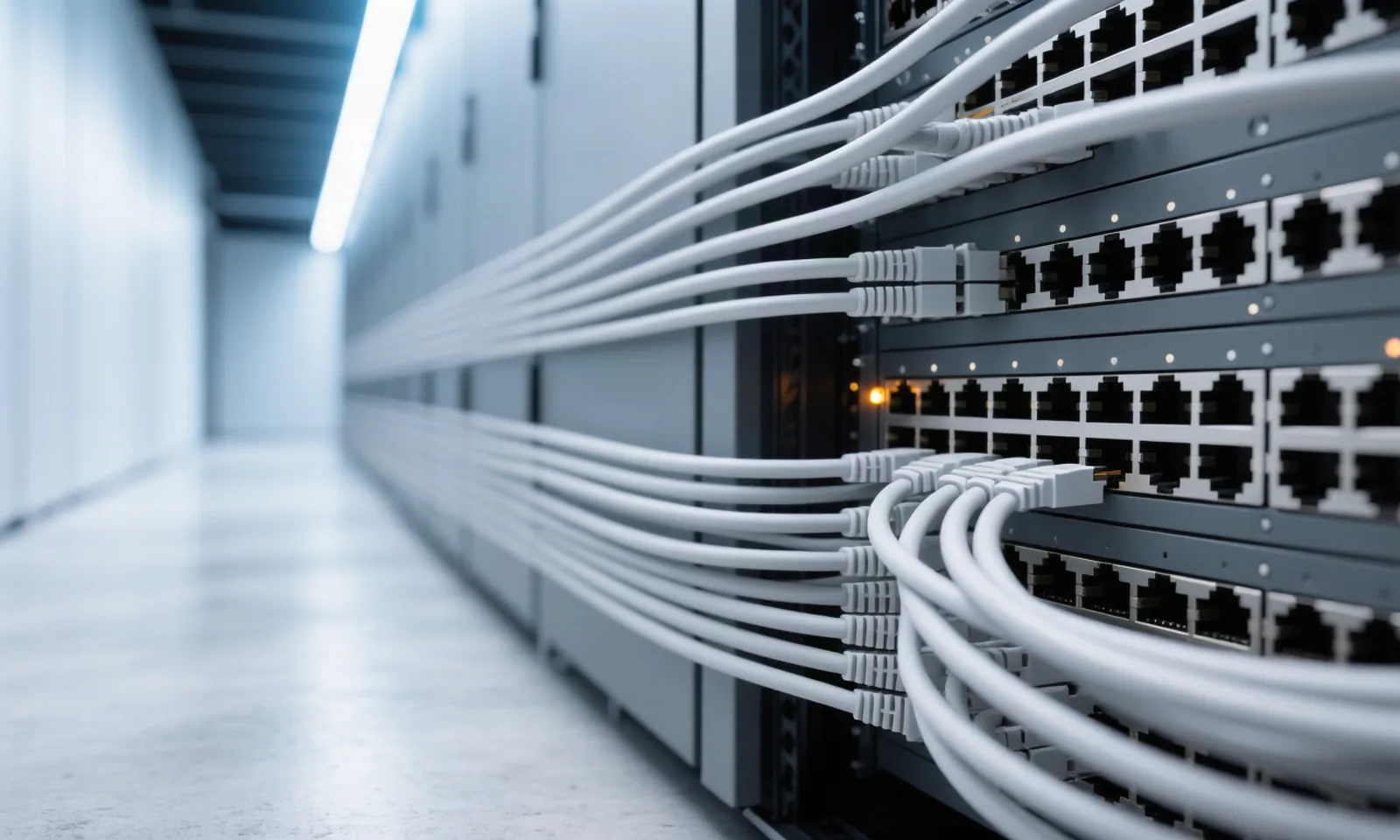 A network switch with dense cable patches in a datacenter corridor. You.com's Inference Router routes 12 open-weight models behind one enterprise API with claimed 99.9% uptime and zero data retention. Illustration: DeAI