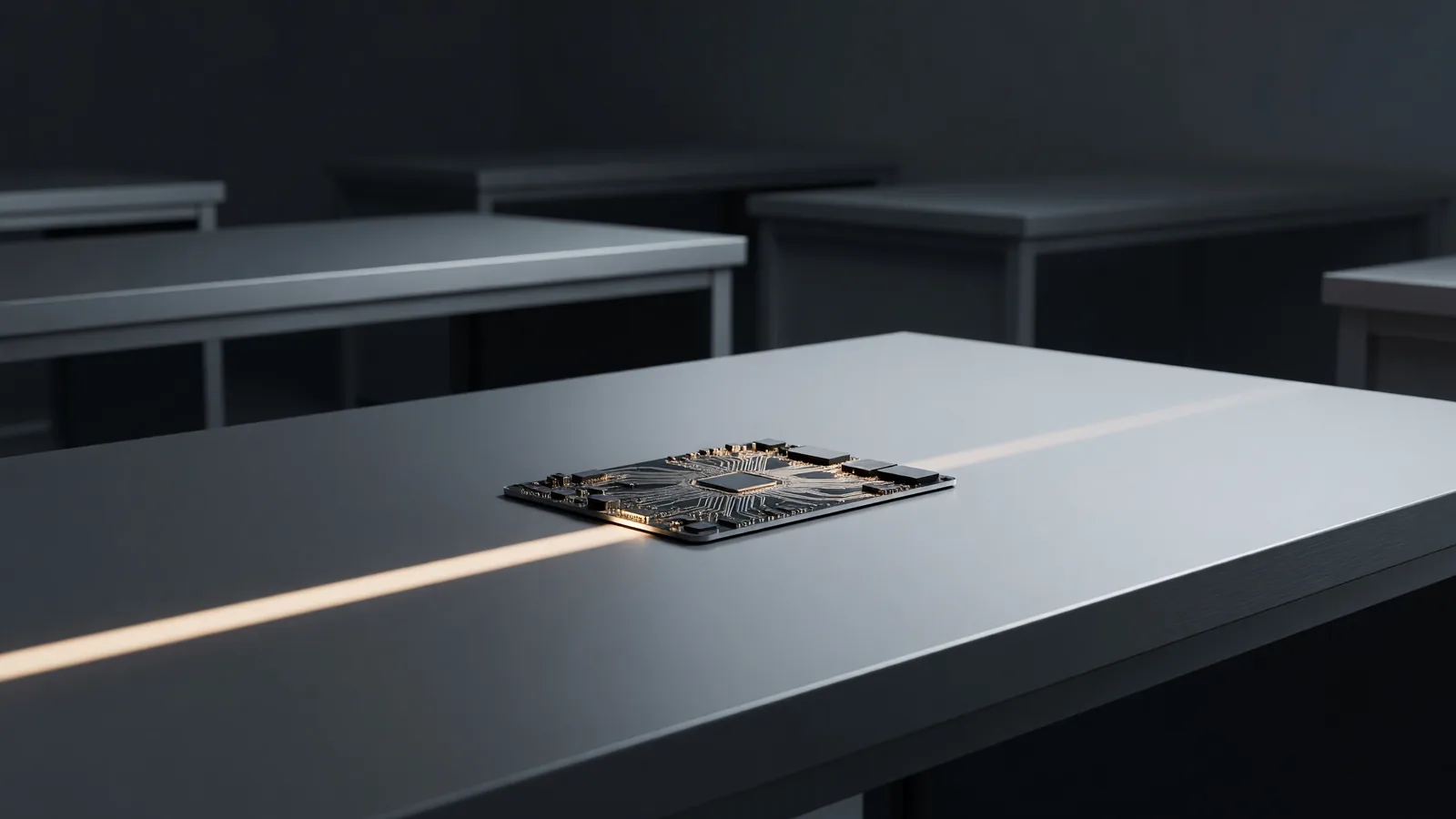 A single circuit board on a dark workbench catching one narrow beam of warm light in an empty lab, for the zkAPI launch that replaces the API key and its billing identity with zero-knowledge payment proofs on Ethereum. Illustration: DeAI